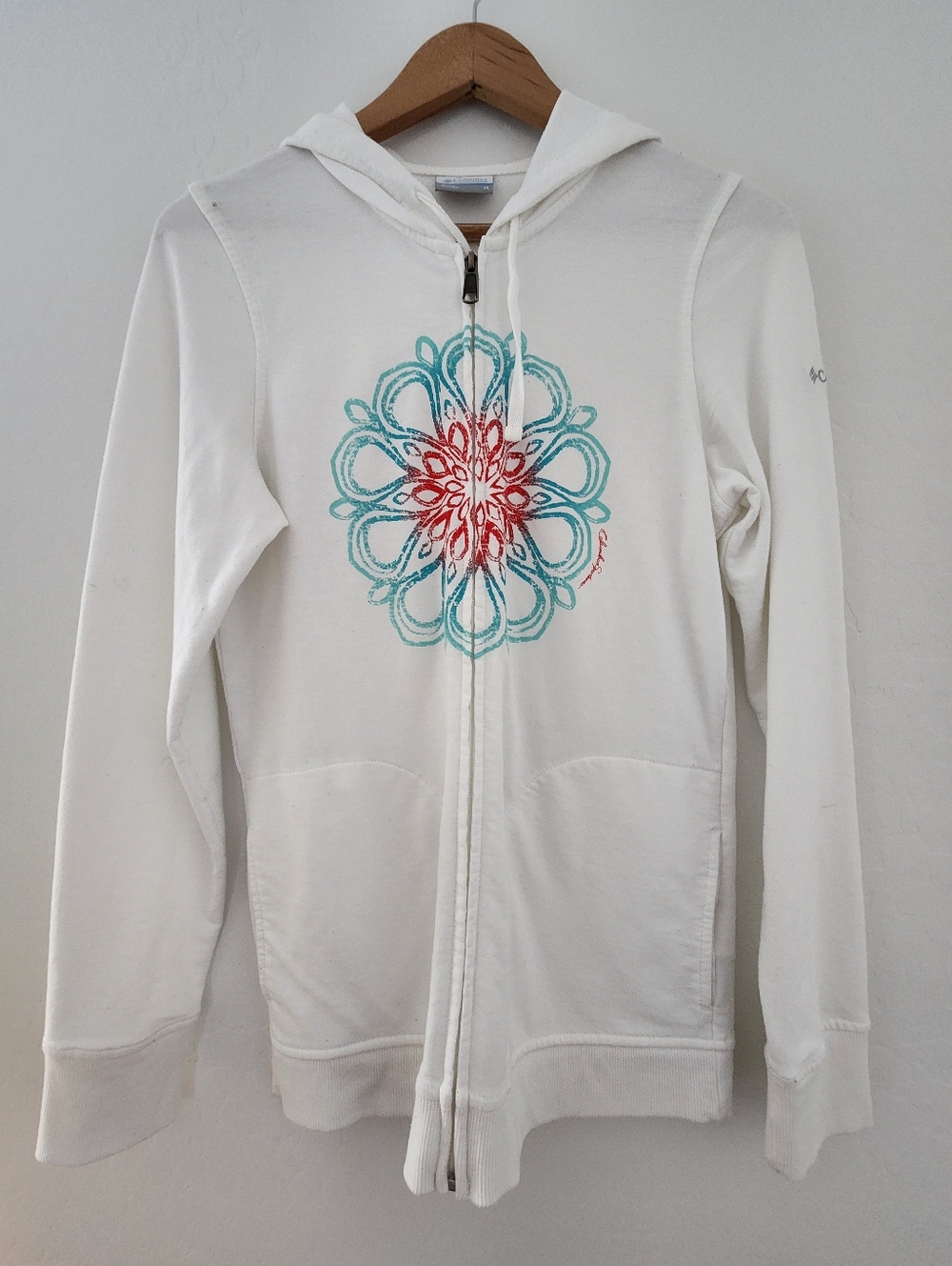 White Columbia Zip Hoodie with Turquoise & Red Floral Medallion, Medium
